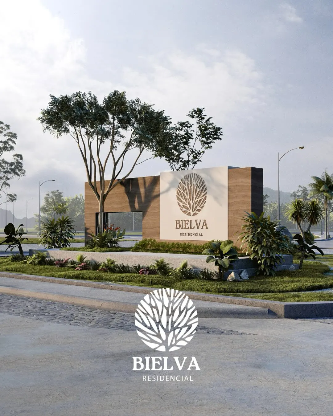 Render de la entrada del fraccionamiento Bielva con su letrero